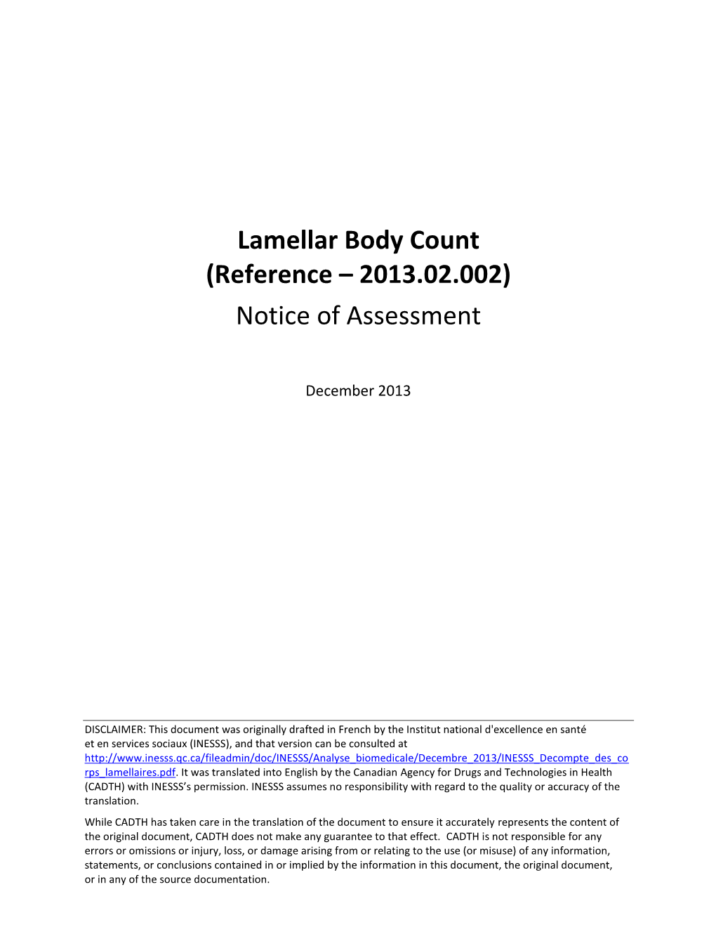 Lamellar Body Count (Reference – 2013.02.002) Notice of Assessment