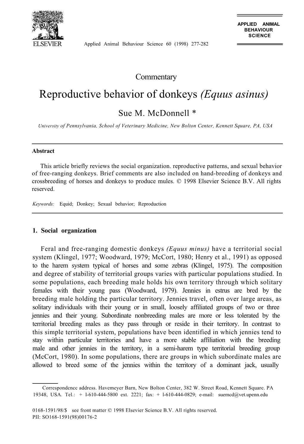 Reproductive Behavior of Donkeys (Equus Asinus) Sue M