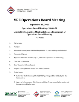 VRE Operations Board Meeting September 18, 2020 Operations Board Meeting - 9:00 A.M