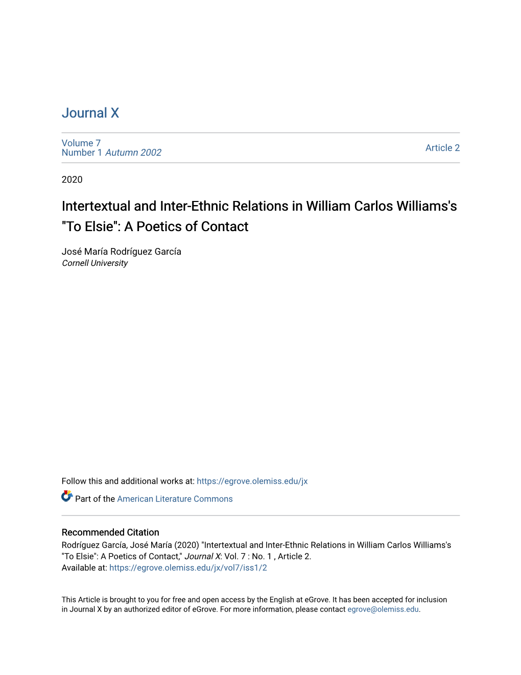 Intertextual and Inter-Ethnic Relations in William Carlos Williams's "To Elsie": a Poetics of Contact