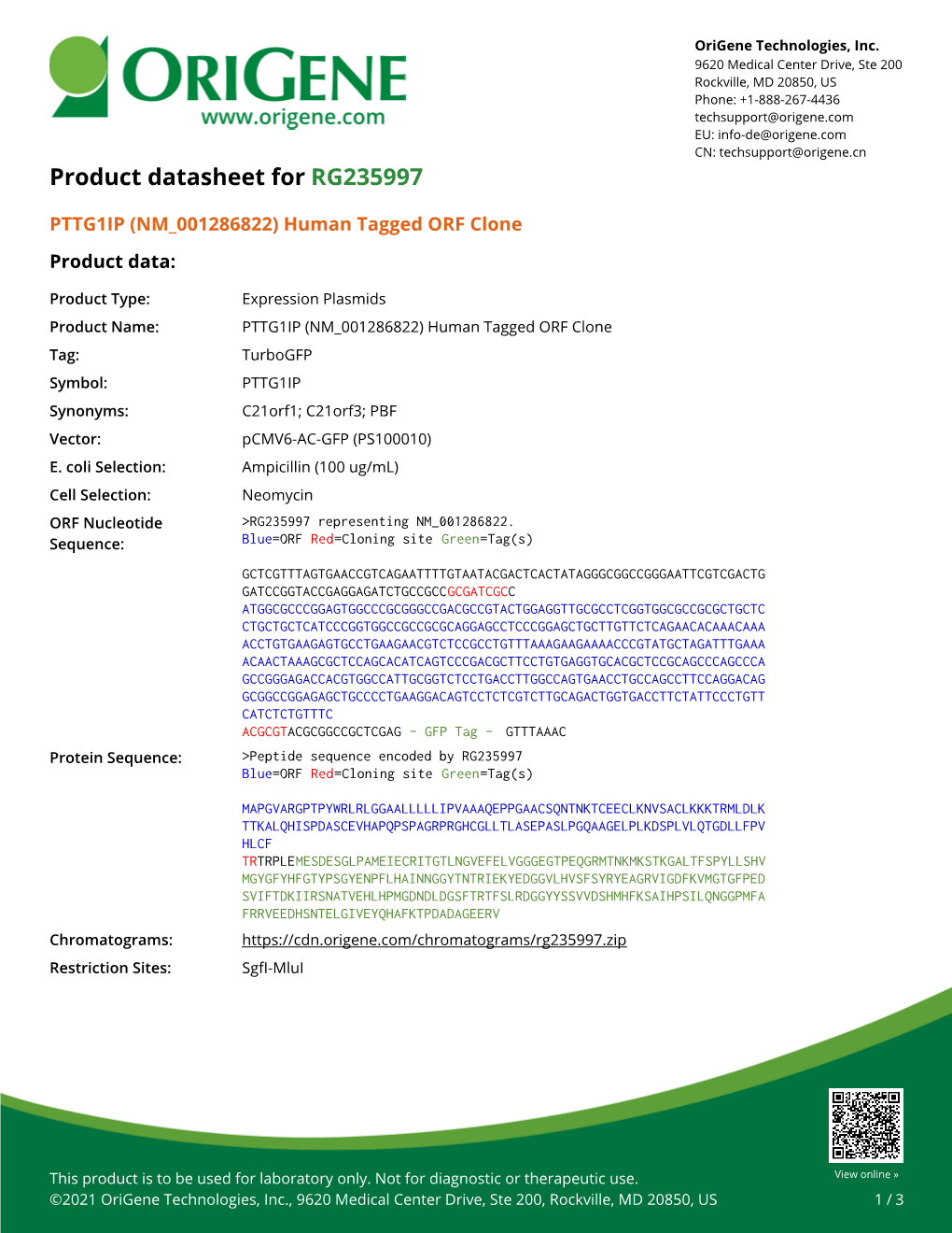 PTTG1IP (NM 001286822) Human Tagged ORF Clone Product Data