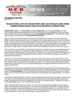 Texas Stars, City of Cedar Park and H-E-B Reach Long-Term Naming Rights Deal for H-E-B Center at Cedar Park