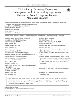 Clinical Policy: Emergency Department Management of Patients Needing Reperfusion Therapy for Acute ST-Segment Elevation Myocardial Infarction