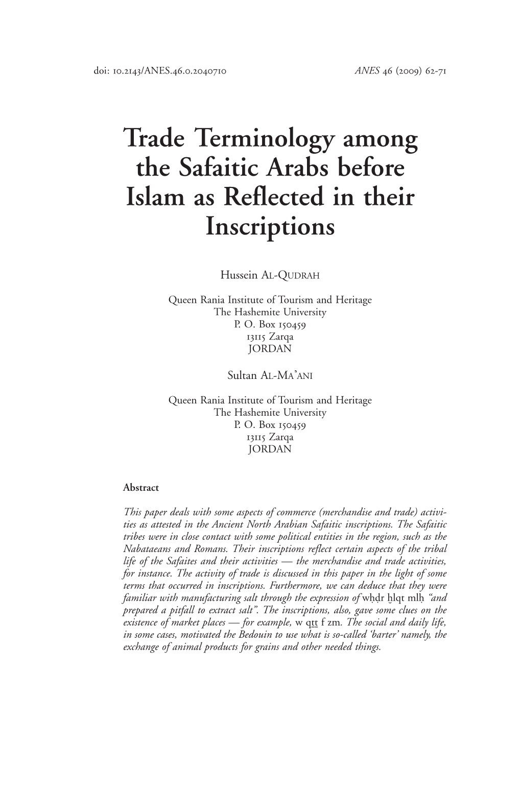 Trade Terminology Among the Safaitic Arabs Before Islam As Reflected in Their Inscriptions