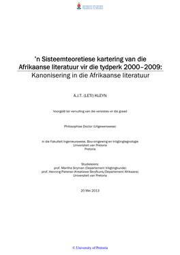 N Sisteemteoretiese Kartering Van Die Afrikaanse Literatuur Vir Die Tydperk 2000–2009: Kanonisering in Die Afrikaanse Literatuur