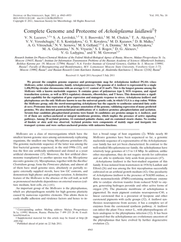 Complete Genome and Proteome of Acholeplasma Laidlawii †