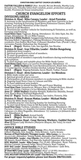 CHURCH EVANGELISM EFFORTS DIVISIONS/AREAS Division A: Head - Miko Canaya; Leader - Arnel Punzalan 1