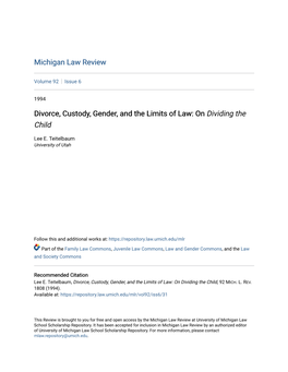 Divorce, Custody, Gender, and the Limits of Law: on Dividing the Child