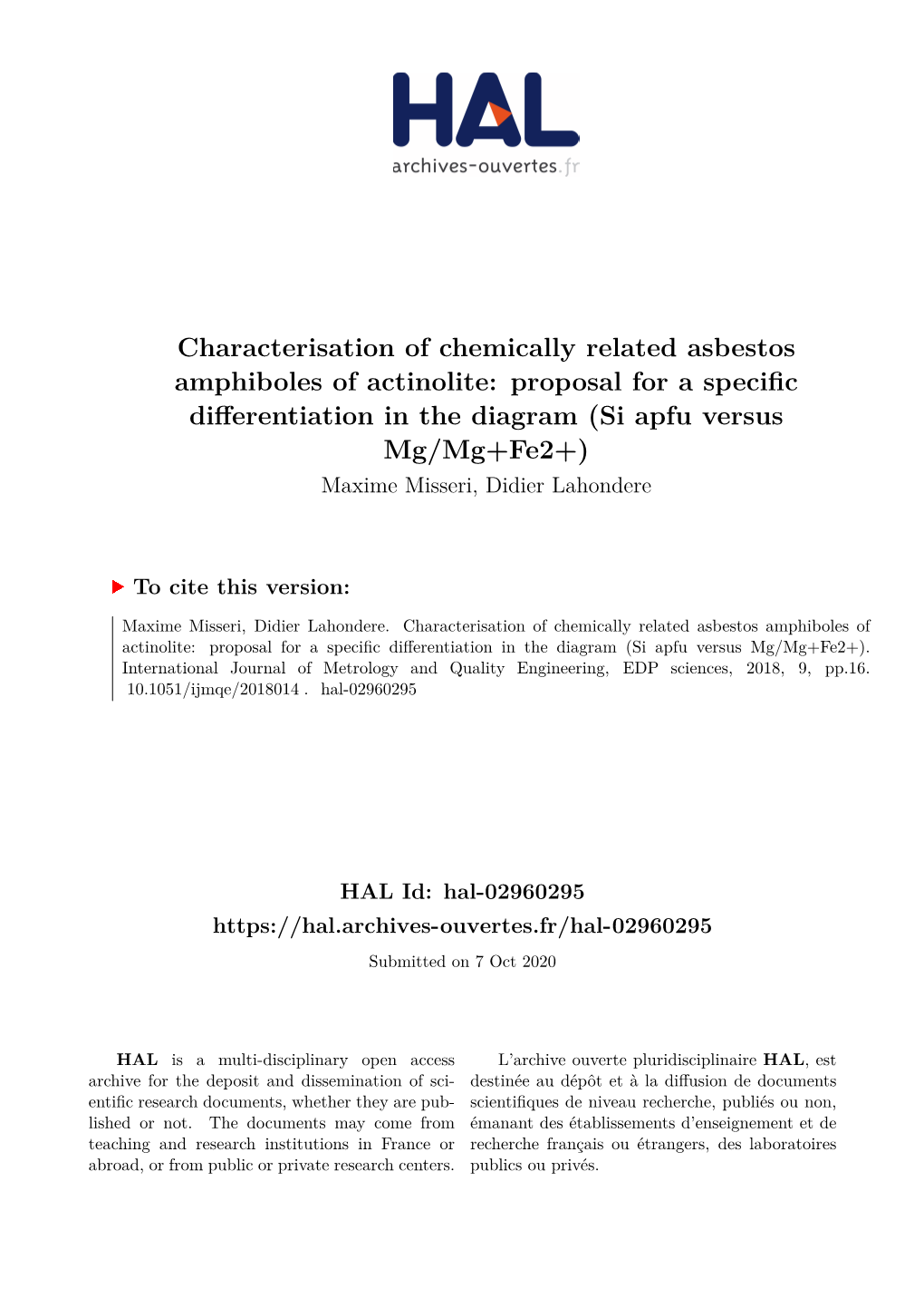 Characterisation of Chemically Related Asbestos Amphiboles of Actinolite