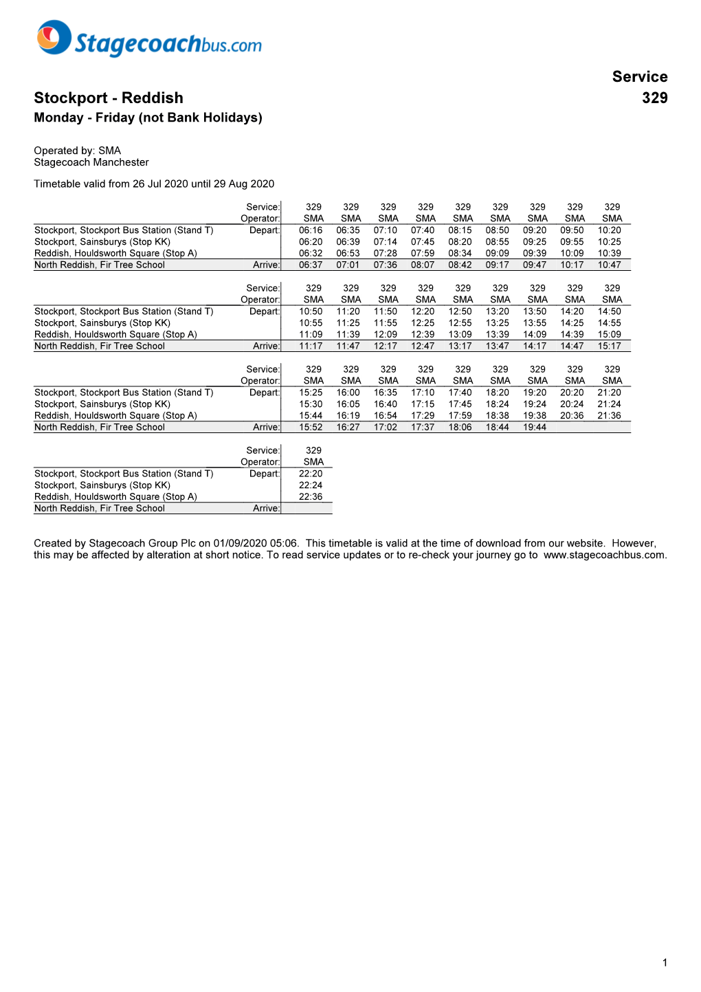 Service Stockport - Reddish 329 Monday - Friday (Not Bank Holidays)