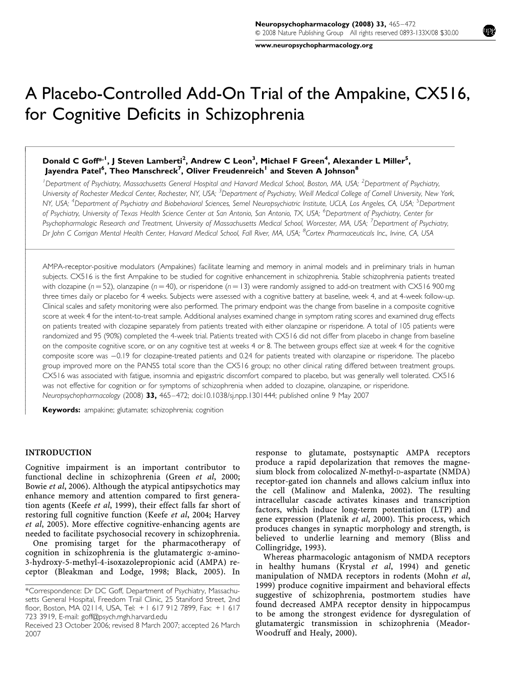 A Placebo-Controlled Add-On Trial of the Ampakine, CX516, for Cognitive Deficits in Schizophrenia