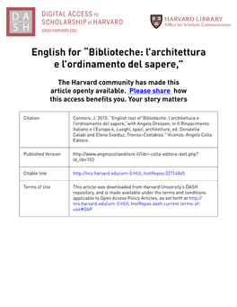 English for “Biblioteche: L’Architettura E L’Ordinamento Del Sapere,”