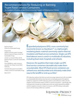 Recommendations for Reducing Or Banning Foam Food Service Containers an Analysis of Economic and Environmental Impacts of Polystyrene Policies