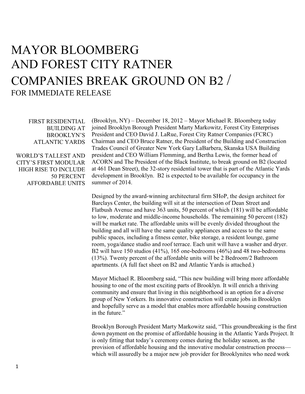 Mayor Bloomberg and Forest City Ratner