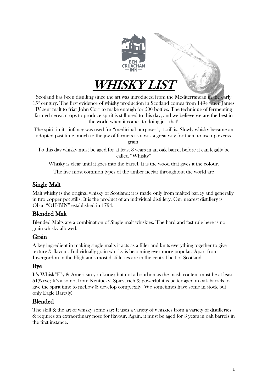 WHISKY LIST Scotland Has Been Distilling Since the Art Was Introduced from the Mediterranean in the Early 15Th Century