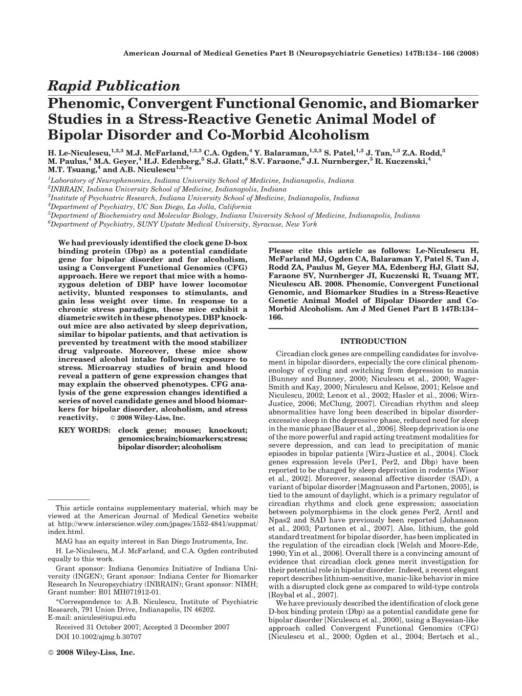 Phenomic, Convergent Functional Genomic, and Biomarker Studies in a Stress-Reactive Genetic Animal Model of Bipolar Disorder and Co-Morbid Alcoholism H