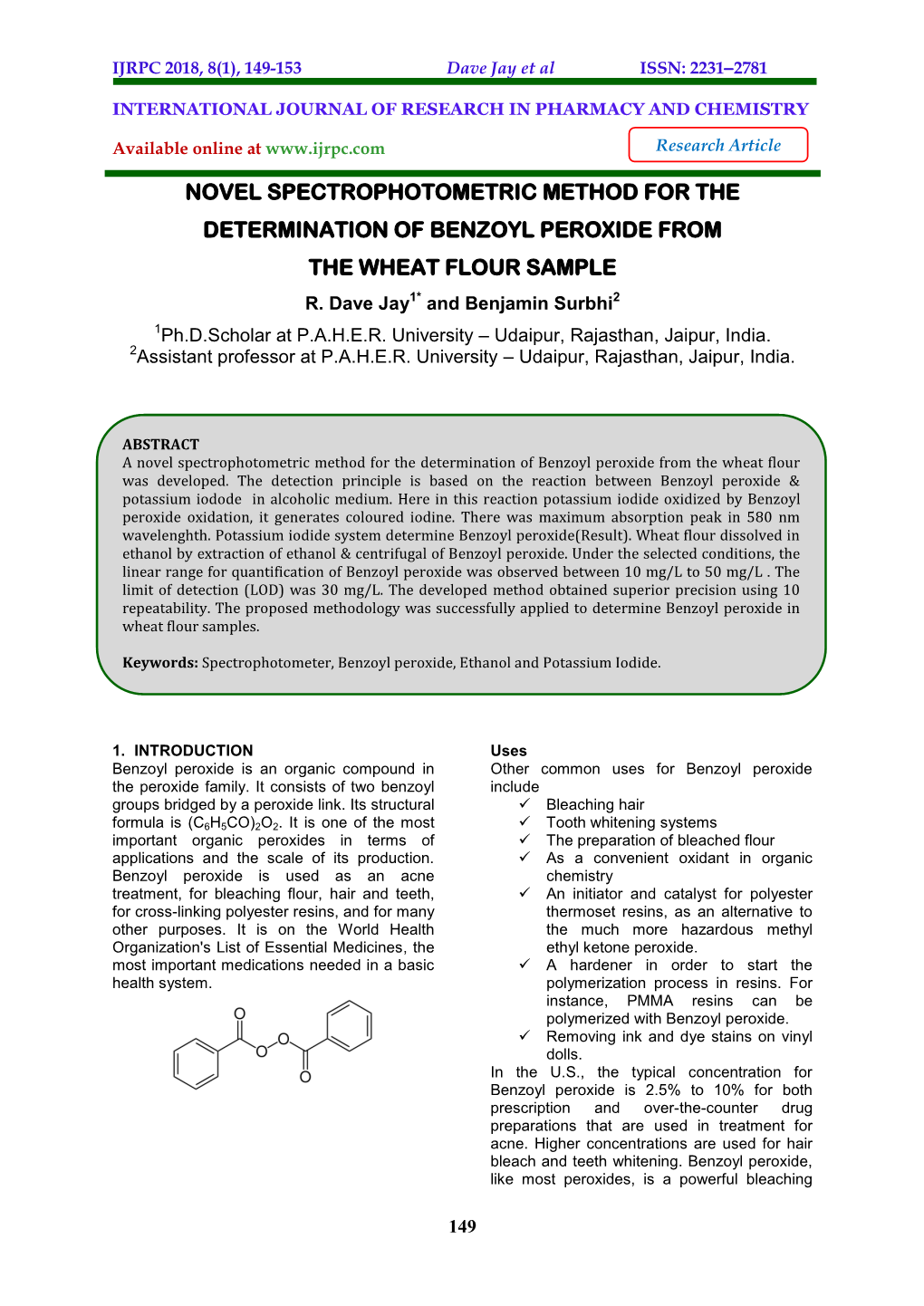 Novel Spectrophotometric Method for the Determination of Benzoyl Peroxide from the Wheat Flour Sample R