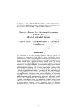 Discursive Feature Specification of the Pronoun Hura in Child (L1, L2) and Adult Basque