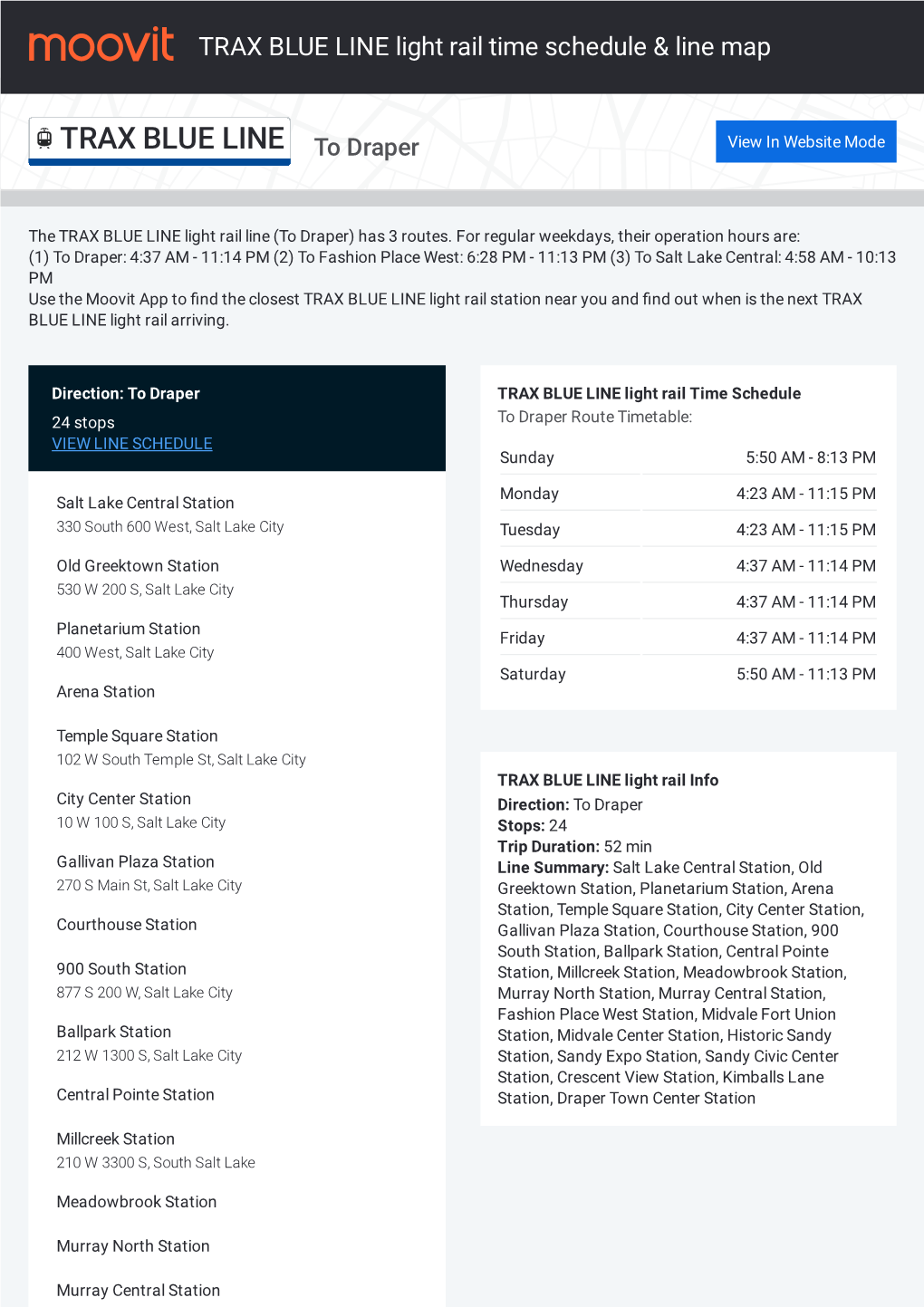 TRAX BLUE LINE Light Rail Time Schedule & Line Route