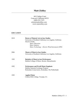 Matt Zebley's CV