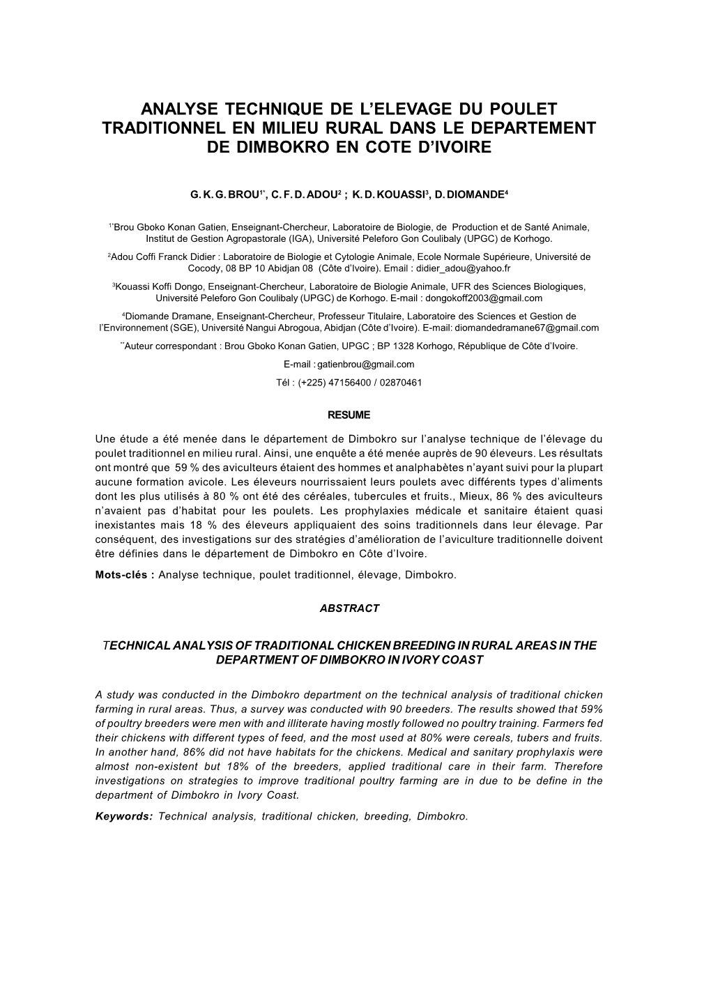 Analyse Technique De L'elevage Du Poulet Traditionnel En Milieu Rural