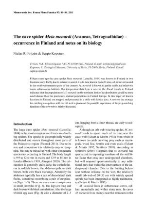 The Cave Spider Meta Menardi (Araneae, Tetragnathidae) – Occurrence in Finland and Notes on Its Biology