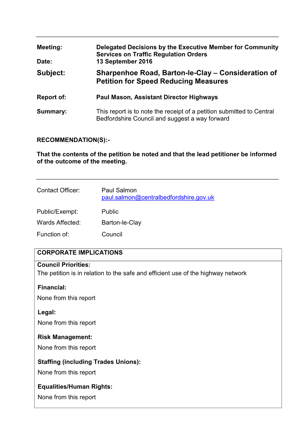 Subject: Sharpenhoe Road, Barton-Le-Clay – Consideration of Petition for Speed Reducing Measures