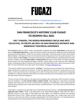 San Francisco's Historic Club Fugazi to Reopen Fall 2021