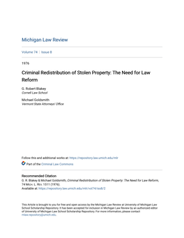 Criminal Redistribution of Stolen Property: the Need for Law Reform