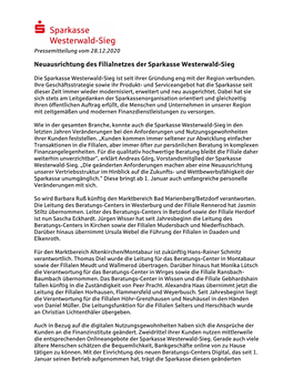 Neuausrichtung Des Filialnetzes Der Sparkasse Westerwald-Sieg
