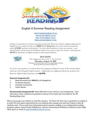 English 8 Summer Reading Assignment
