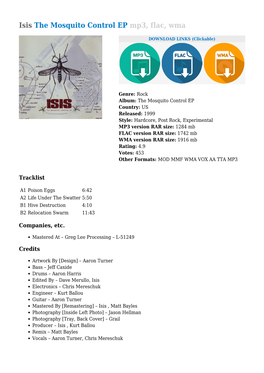 Isis the Mosquito Control EP Mp3, Flac, Wma