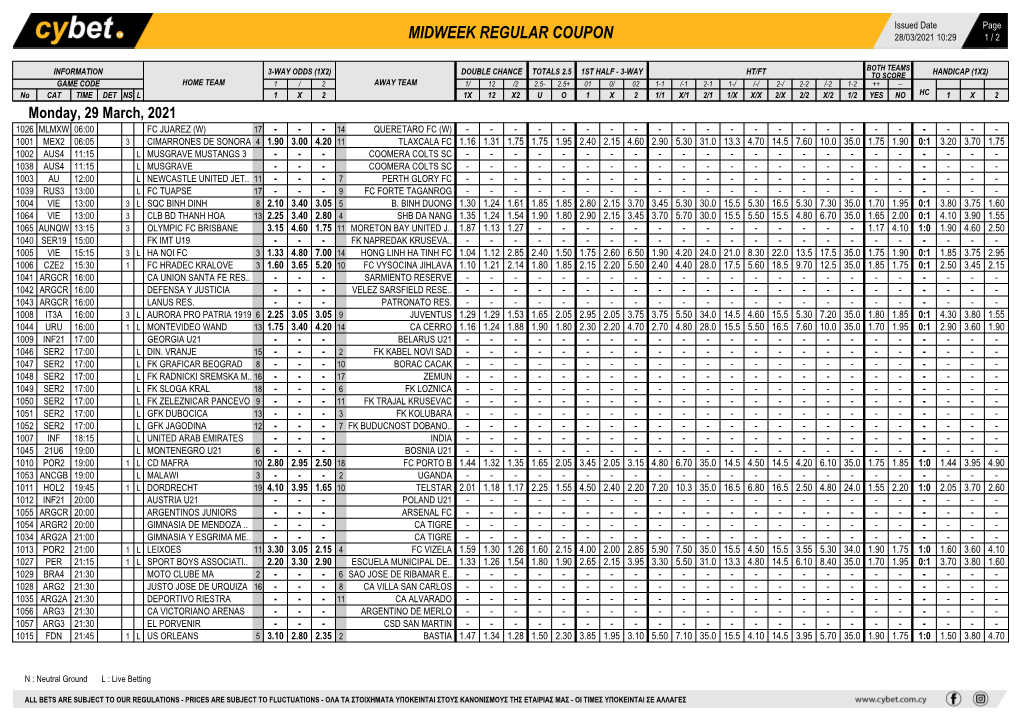 Midweek Regular Coupon 28/03/2021 10:29 1 / 2