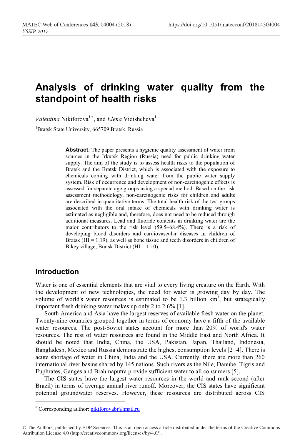 Analysis of Drinking Water Quality from the Standpoint of Health Risks