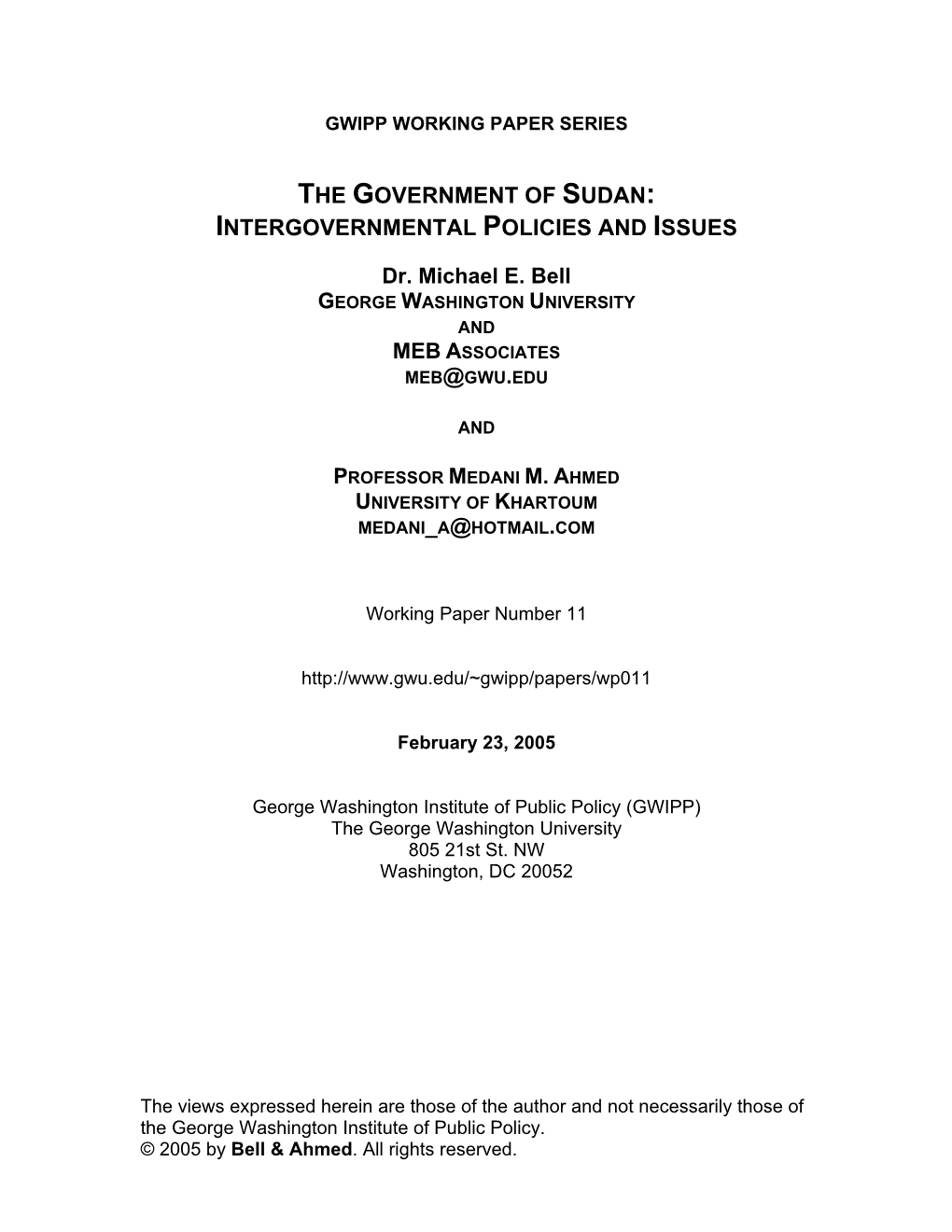 The Government of Sudan: Intergovernmental Policies and Issues