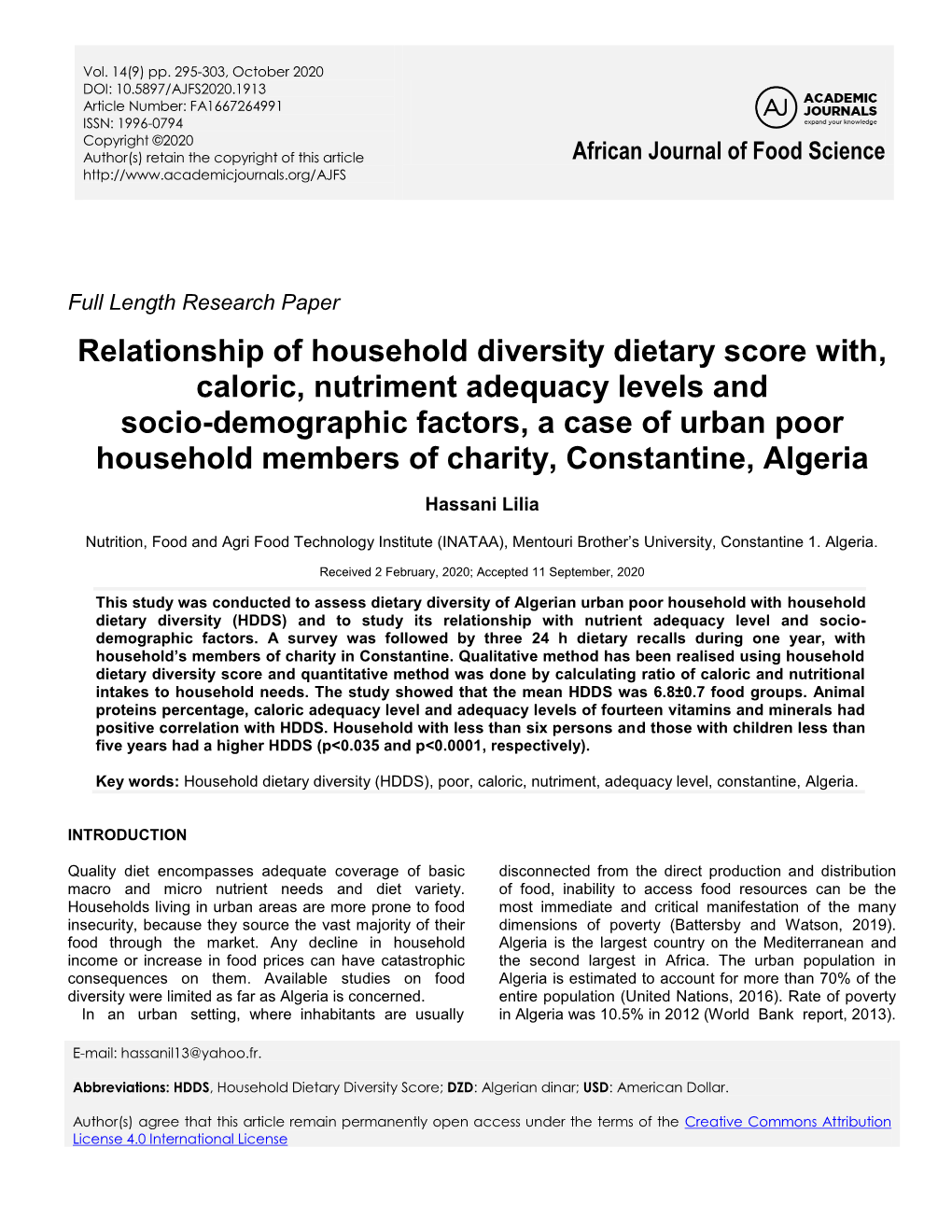 Relationship of Household Diversity Dietary Score With, Caloric, Nutriment
