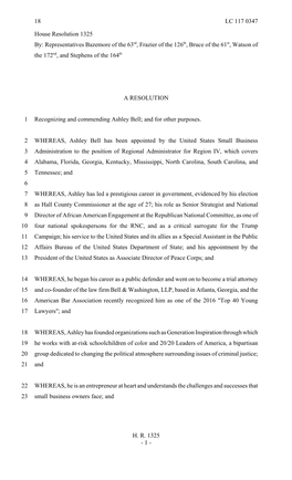 House Resolution 1325 By: Representatives Bazemore of the 63Rd, Frazier of the 126Th, Bruce of the 61St, Watson of the 172Nd, and Stephens of the 164Th