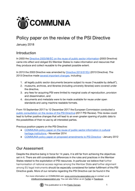 Policy Paper on the Review of the PSI Directive January 2018