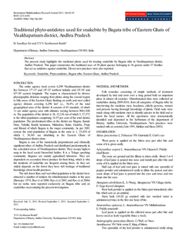 Traditional Phyto-Antidotes Used for Snakebite by Bagata Tribe of Eastern Ghats of Visakhapatnam District, Andhra Pradesh