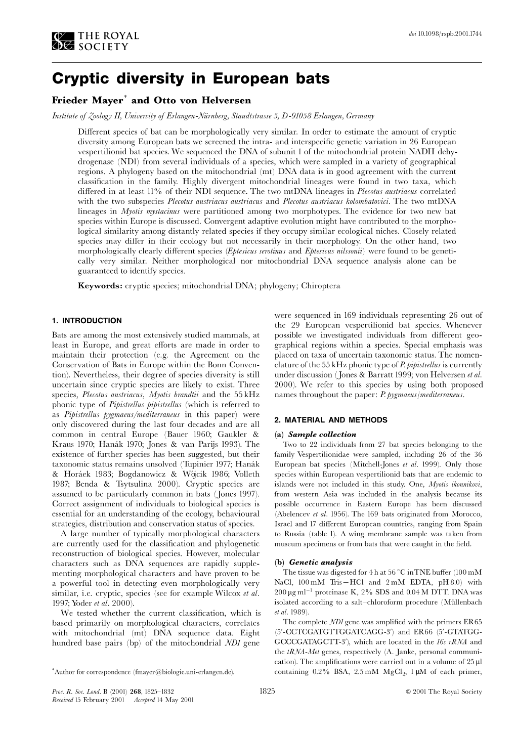 Cryptic Diversity in European Bats