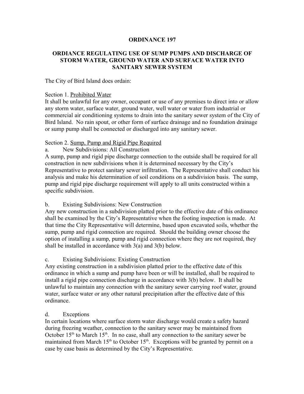 Ordiance Regulating Use of Sump Pumps and Discharge of Storm Water, Ground Water and Surface