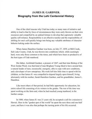 JAMES H. GARDNER. Biography from the Lehi Centennial History