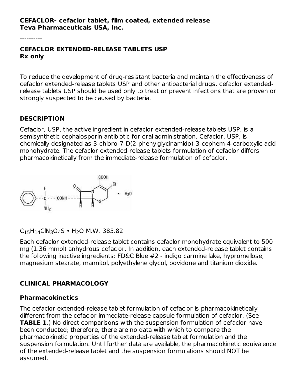 CEFACLOR EXTENDED-RELEASE TABLETS Usprx Only