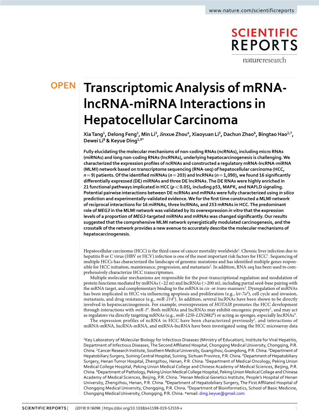 Transcriptomic Analysis of Mrna-Lncrna-Mirna Interactions