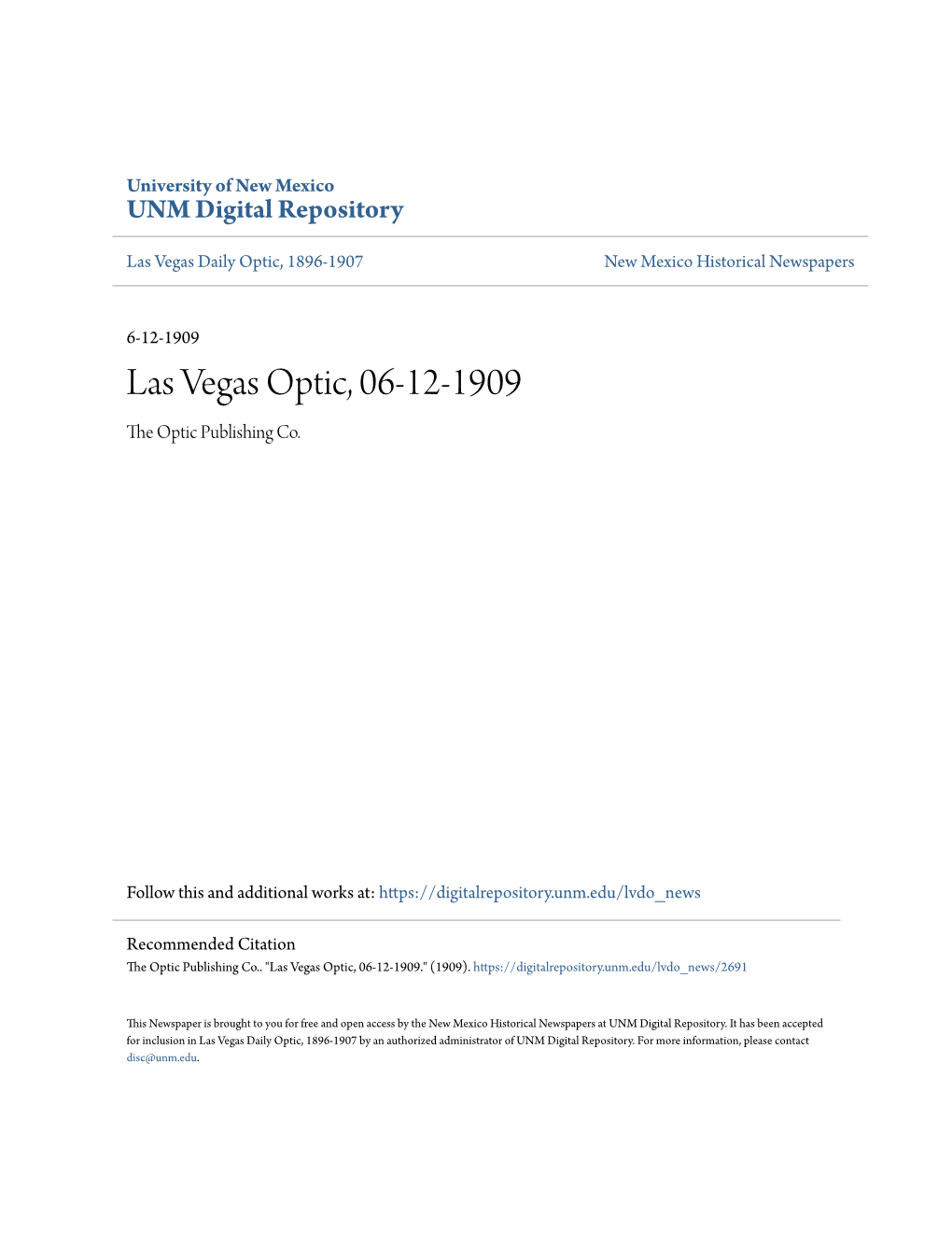 Las Vegas Optic, 06-12-1909 the Optic Publishing Co