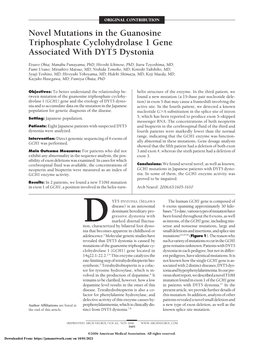 Novel Mutations in the Guanosine Triphosphate Cyclohydrolase 1 Gene Associated with DYT5 Dystonia