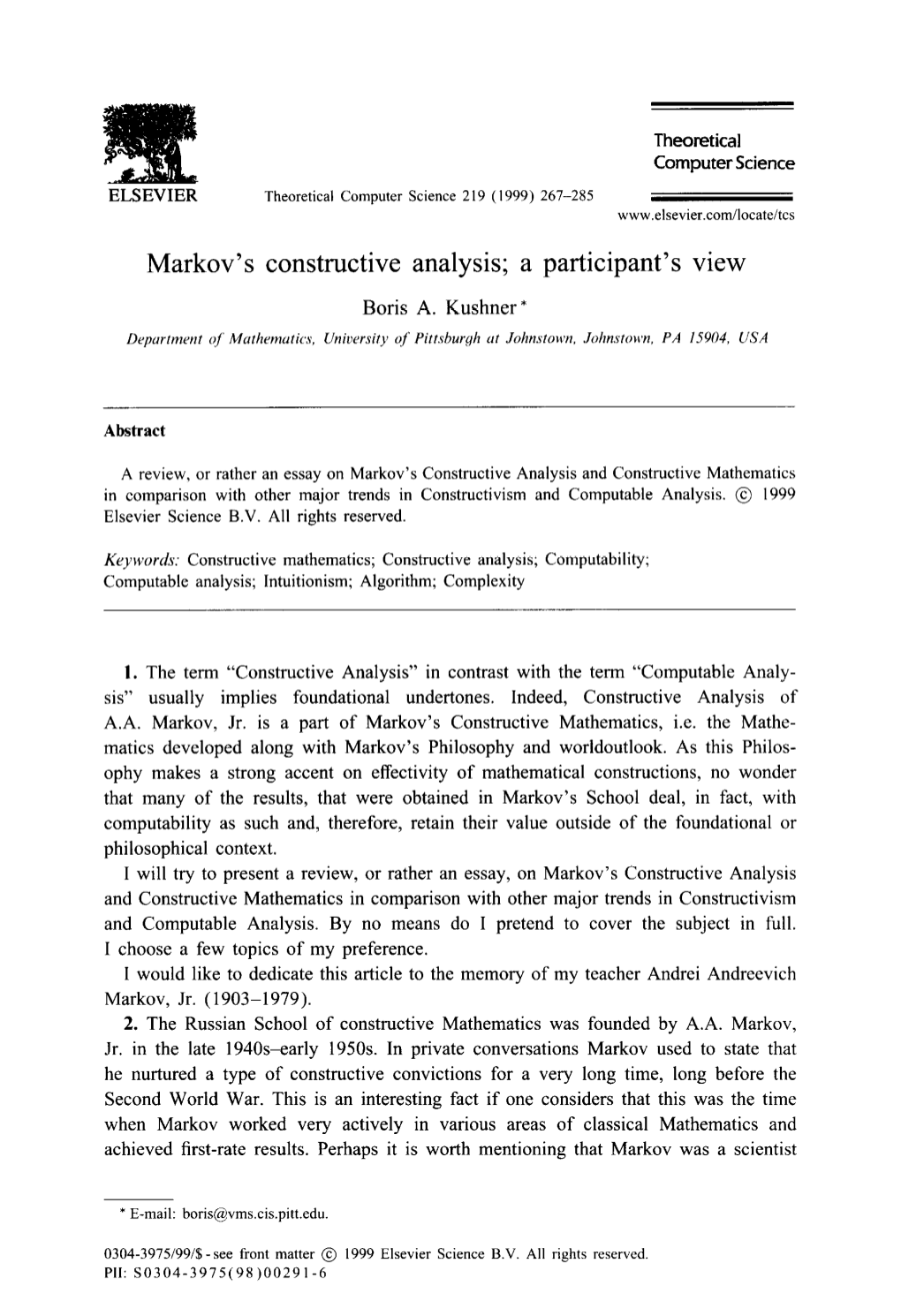 Markov's Constructive Analysis