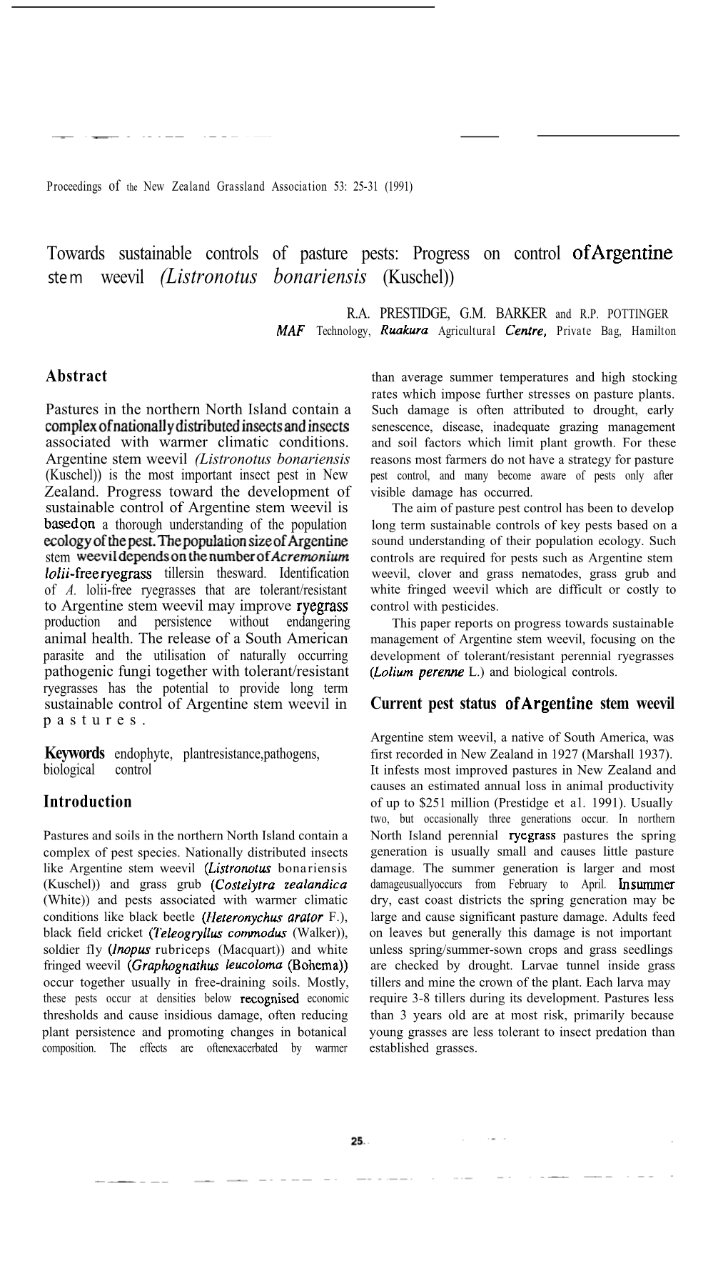 Progress on Control of Argentine Stem Weevil (Listronotus Bonariensis