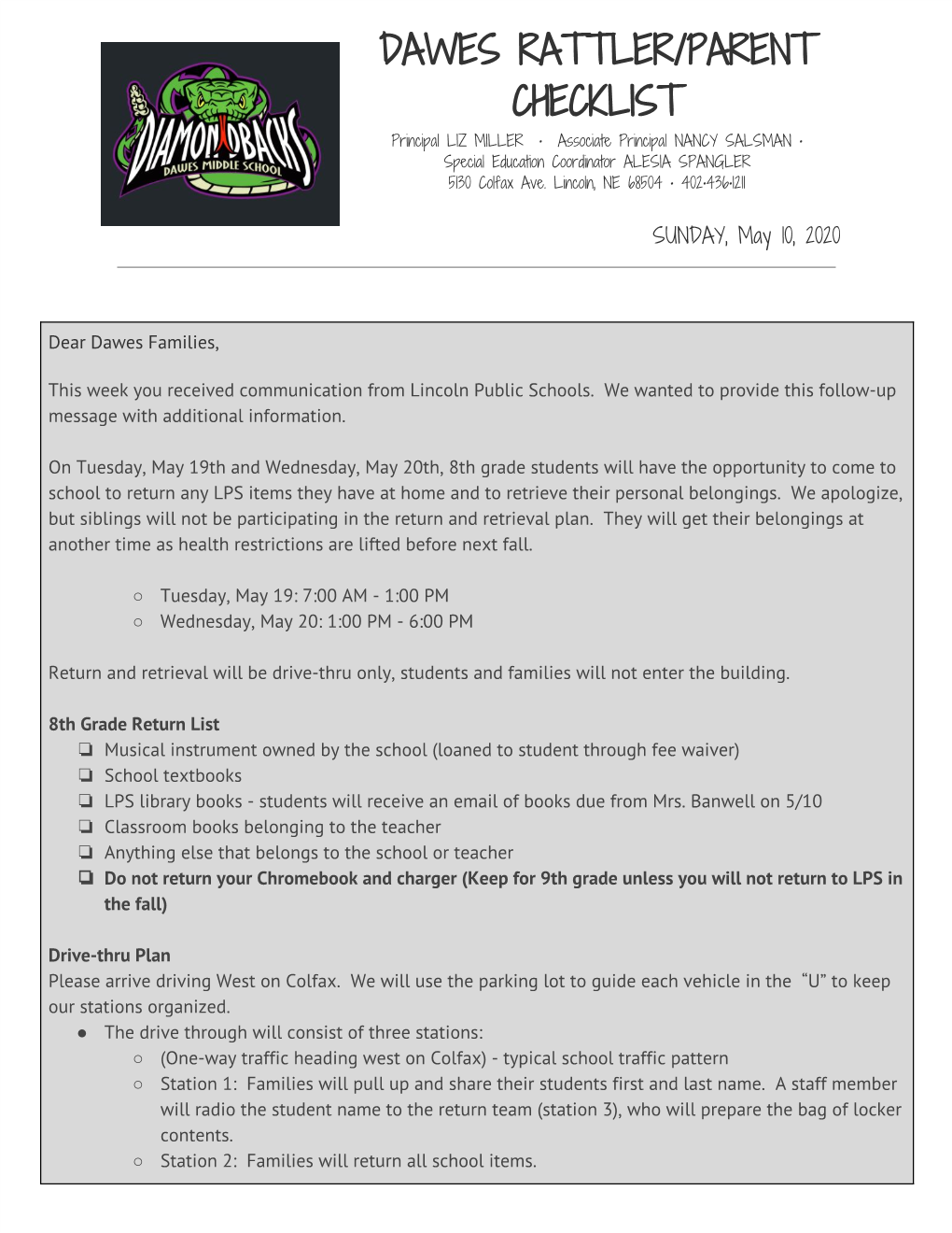 DAWES RATTLER/PARENT CHECKLIST Principal LIZ MILLER • Associate Principal NANCY SALSMAN • Special Education Coordinator ALESIA SPANGLER 5130 Colfax Ave