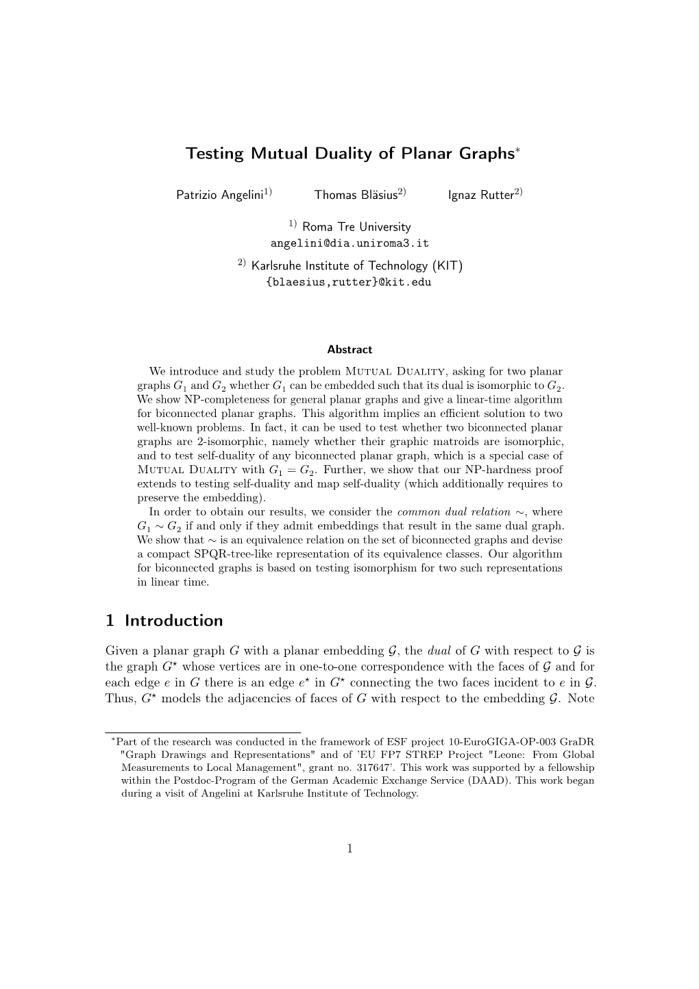 Testing Mutual Duality of Planar Graphs∗ 1 Introduction